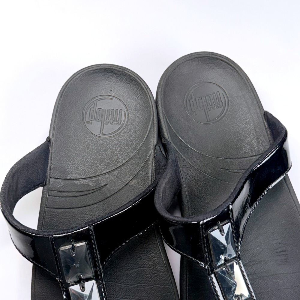 FitFlop Pietra Thong Sandal Womens 10 Black Patent Leather Crystal Wedge Comfort - Picture 5 of 13
